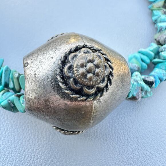 Vintage Turquoise Nugget Double Strand Necklace Silver Ethnic Tibetan Nepal - Picture 6 of 7